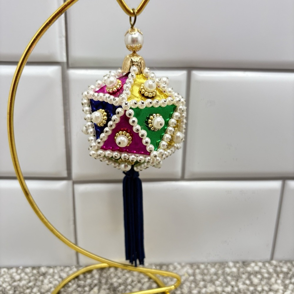 Vtg Christmas Ornament Geometric Push‎ Pin Beaded Foil Faux Pearl w Tassel